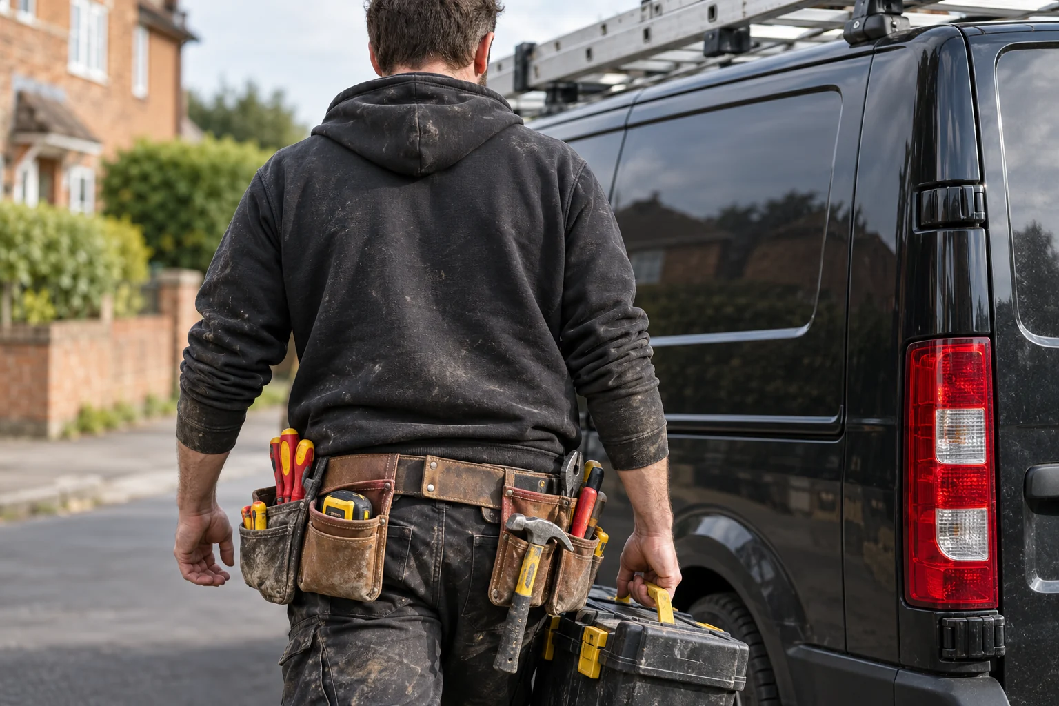 Illustrative tradesperson with a tool belt beside a black work van
